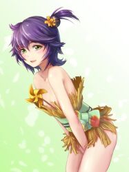 Rule 34 | 1girl, bare shoulders, covered navel, dys, green eyes, hair ornament, japanese clothes, looking at viewer, minokichi (sengoku bushouki muramasa), purple hair, sengoku bushouki muramasa, short hair, simple background, solo, standing, thighs