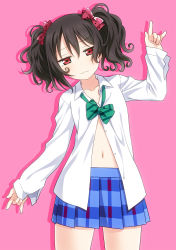 Rule 34 | 1girl, :|, black hair, blue skirt, bow, bowtie, closed mouth, collared shirt, commentary request, cowboy shot, double m/, dress shirt, green bow, green bowtie, hair bow, highres, long sleeves, looking at viewer, loose bowtie, love live!, love live! school idol project, m/, messy hair, miniskirt, navel, open clothes, open shirt, otonokizaka school uniform, pink background, plaid, plaid skirt, pleated skirt, polka dot, polka dot bow, red bow, red eyes, school uniform, shirt, skirt, solo, striped bow, striped bowtie, striped clothes, striped neckwear, twintails, umekichi, yazawa nico