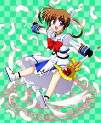 Rule 34 | 00s, 1girl, bow, checkered background, feathers, fingerless gloves, gloves, green background, happy, highres, lask, long sleeves, lyrical nanoha, magazine (weapon), magic circle, magical girl, mahou shoujo lyrical nanoha, mahou shoujo lyrical nanoha a&#039;s, octagram, purple eyes, raising heart, raising heart (accel mode), red bow, red hair, shoes, solo, takamachi nanoha, takamachi nanoha (sacred mode), twintails, winged footwear, wings