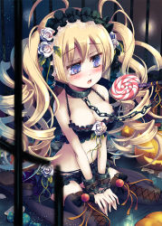 Rule 34 | 1girl, bad id, bad pixiv id, bare shoulders, bdsm, blonde hair, blue eyes, blush, bondage, boots, bound, breasts, candy, chain, cleavage, collar, cuffs, drill hair, female focus, flower, food, frills, hair flower, hair ornament, hairband, halloween, jack-o&#039;-lantern, large breasts, leash, lollipop, long hair, navel, original, sitting, solo, tears, thigh boots, thighhighs, twintails, wariza, yamadori yoshitomo