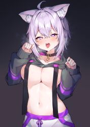 Rule 34 | 1girl, absurdres, ahoge, animal ear fluff, animal ears, black background, black collar, breasts, cat ears, cat girl, collar, gradient background, heart, heart-shaped pupils, highres, hololive, large breasts, looking at viewer, navel, nekomata okayu, nekomata okayu (1st costume), open mouth, purple eyes, purple hair, seion, short hair, solo, stomach, suspenders, symbol-shaped pupils, tongue, tongue out, underboob, virtual youtuber