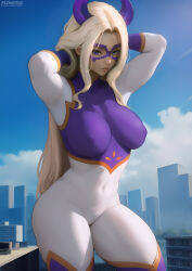 Rule 34 | 1girl, arms behind head, artist name, blonde hair, bodysuit, boku no hero academia, breasts, city, commentary, commentary typo, covered erect nipples, covered navel, cowboy shot, domino mask, flowerxl, giant, giantess, horns, impossible bodysuit, impossible clothes, large breasts, looking at viewer, mask, mount lady, multicolored bodysuit, multicolored clothes, outdoors, paid reward available, patreon username, purple eyes, skin tight, skyline, solo, standing, thick thighs, thighs, watermark, web address