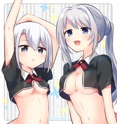 Rule 34 | 2girls, :d, :o, arms at sides, arms up, asymmetrical bangs, black jacket, blue eyes, blush, border, breasts, collared jacket, cropped jacket, cross tie, daito academy school uniform, grey background, grey eyes, grey hair, hair bun, hair intakes, highres, izumi kanagi, jacket, long hair, looking at viewer, magia record: mahou shoujo madoka magica gaiden, mahou shoujo madoka magica, medium breasts, momo tomato, multiple girls, naked jacket, navel, necktie, open mouth, outside border, parted lips, ponytail, red necktie, romaji text, school uniform, short hair, short sleeves, sidelocks, smile, striped background, swept bangs, underboob, upper body, vertical-striped background, very long hair, white border, white hair, yakumo mitama