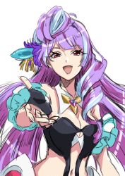 Rule 34 | 10s, 1girl, :d, black gloves, blue hair, breasts, choker, cleavage, detached sleeves, fingerless gloves, floating hair, gloves, hair ornament, long hair, looking at viewer, macross, macross delta, medium breasts, mikumo guynemer, multicolored hair, navel, open mouth, outstretched arm, purple hair, red eyes, sketch, smile, solo, stomach, tsukikage oyama, two-tone hair, upper body, very long hair, white background