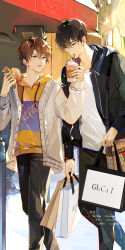 Rule 34 | 2boys, artist name, bag, black hair, black jacket, black pants, brand name imitation, brown eyes, brown hair, burger, cardigan, commentary, feet out of frame, food, frappuccino, hands up, highres, holding, holding food, hood, hood down, hoodie, jacket, leaning forward, light particles, lofter username, long sleeves, looking at another, male focus, multiple boys, open cardigan, open clothes, open mouth, original, outdoors, pants, shared drink, shirt, shopping bag, short hair, smile, suyako (suya93), twitter username, walking, weibo watermark, white cardigan, white shirt, yellow hoodie