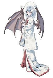 Rule 34 | 1girl, absurdres, bat wings, blue hair, branch, bridal veil, floral print, full body, highres, holding, holding branch, japanese clothes, kimono, looking at viewer, red eyes, remilia scarlet, short hair, simple background, slit pupils, smile, solo, standing, touhou, uchikake, veil, white background, wings, youpofen