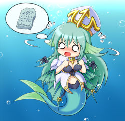 Rule 34 | 1girl, air bubble, aqua hair, blue hair, blush, braid, breasts, bubble, center opening, chibi, cleavage, green hair, hat, kneeless mermaid, long hair, medium breasts, mermaid, monster girl, monster girl encyclopedia, navel, nawiria, nawiria vire, no nose, o o, open mouth, sea bishop, solo, stone tablet, sweatdrop, turning head, twin braids, underwater, upset