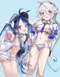 Rule 34 | 2girls, bikini, blue archive, blue background, blush, breasts, commentary, doughnut, food, fubuki (blue archive), hair ornament, hair ribbon, hat, highres, holstered, jacket, kirino (blue archive), long hair, medium breasts, micro bikini, multiple girls, navel, nemo (leafnight), open mouth, police hat, red eyes, ribbon, silver hair, simple background, small breasts, swimsuit, symbol-only commentary