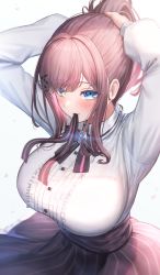 Rule 34 | 1girl, arms up, black ribbon, black skirt, blue eyes, breasts, brooch, brown hair, center frills, frilled shirt, frills, from above, hair ornament, hairclip, highres, jewelry, large breasts, long hair, long sleeves, looking at viewer, looking up, mouth hold, neck ribbon, nijisanji, ponytail, ribbon, shirt, sidelocks, simple background, skirt, solo, striped clothes, striped skirt, suraimu (suraimuraimu), suzuhara lulu, suzuhara lulu (1st costume), tying hair, vertical-striped clothes, vertical-striped skirt, virtual youtuber, white background, x hair ornament