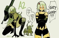 Rule 34 | 1girl, 2boys, 4th chaos emerald, a2 (nier:automata), anger vein, angry, black gloves, black shirt, black shorts, black thighhighs, character name, character request, elbow gloves, english text, gloves, grey hair, highres, holding, holding sword, holding weapon, multiple boys, multiple views, nier:automata, nier (series), robot, shirt, shorts, sketch, speech bubble, sword, thighhighs, weapon, white background