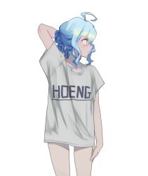 Rule 34 | 1girl, ahoge, blue eyes, blue hair, closed mouth, clothes writing, commentary request, grey shirt, highres, litra (ltr0312), naked shirt, original, profile, shirt, short hair, short sleeves, simple background, solo, standing, white background