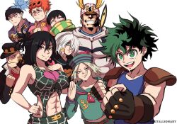 1girl :i abs all_might banchou bandana black_hair blonde_hair blue_hair blue_shirt boku_no_hero_academia breasts bruce_(boku_no_hero_academia) cosplay delinquent en_(boku_no_hero_academia) freckles gloves green_eyes green_hair grey_eyes halloween halloween_costume hat headband heart_ornament highres horseshoe_ornament jojo_no_kimyou_na_bouken kristallion kudo_(boku_no_hero_academia) lariat_(boku_no_hero_academia) long_hair looking_at_viewer midoriya_izuku midriff mole multiple_boys muscular muscular_female muscular_male name_tag ponytail red_eyes red_hair red_shirt sailor_collar sailor_hat sailor_shirt scar scar_on_arm scar_on_face scarf shigaraki_yoichi shimura_nana shinomori_hikage shirt short_hair smile teeth white_hair yagi_toshinori