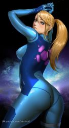 Rule 34 | 1girl, arms up, ass, blonde hair, blue bodysuit, blue eyes, blush, bodysuit, breasts, commentary, commentary request, english commentary, from behind, hair between eyes, hands up, highres, long hair, looking at viewer, looking back, medium breasts, metroid, mole, mole under mouth, nextoad, nintendo, ponytail, samus aran, skin tight, solo, space, zero suit