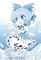 Rule 34 | 1girl, blue theme, bow, chibi, cirno, crossed arms, frog, frozen, frozen frog, hair bow, kitsune choukan, monochrome, open mouth, short hair, solo, touhou