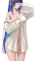 1girl absurdres alternate_costume blue_eyes blue_hair breasts colored_inner_hair highres hololive hololive_english large_breasts long_hair looking_at_viewer multicolored_hair naked_shirt navel one_eye_closed open_clothes open_shirt ouro_kronii rubbing_eyes see-through_clothes shirt simple_background single_off_shoulder solo somebody_(leiking00) virtual_youtuber white_background white_shirt