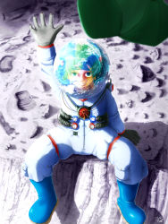 Rule 34 | 1girl, artist name, artist request, bad id, bad pixiv id, blue hair, blurry, crater, depth of field, earth (planet), footprints, gloves, green eyes, green hair, hand up, hat, unworn headwear, helmet, highres, kawashiro nitori, key, light, looking at viewer, looking up, matching hair/eyes, moon, planet, reflection, shadow, sitting, smile, solo, space, spacesuit, touhou, water