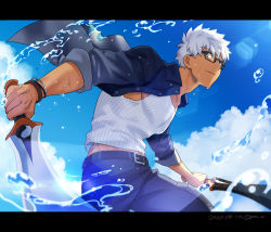 Rule 34 | 1boy, alternate costume, archer (fate), archer (summer casual) (fate), belt, brown eyes, cloud, cloudy sky, dark-skinned male, dark skin, denim, fate/stay night, fate (series), glasses, hikaru (asteriskring), jeans, kanshou &amp; bakuya (fate), letterboxed, male focus, muscular, open clothes, open shirt, outdoors, pants, pectorals, sky, sleeves rolled up, solo, sword, tank top, water, weapon, wet, wet clothes, white hair