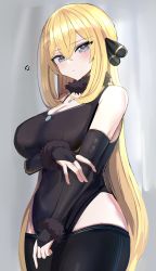 Rule 34 | 1girl, absurdres, anger vein, bare shoulders, black one-piece swimsuit, blonde hair, blue eyes, blurry, blurry background, blush, breasts, bridal gauntlets, cleavage, creatures (company), cynthia (pokemon), fur collar, fur trim, game freak, hanasaka houcha, highres, jewelry, large breasts, long hair, looking at viewer, necklace, nintendo, one-piece swimsuit, parted lips, pokemon, pokemon dppt, simple background, solo, swimsuit, very long hair