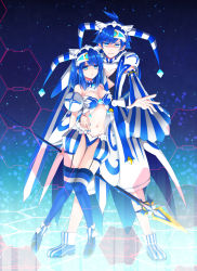 Rule 34 | 1boy, 1girl, ao no repika, ao no rupika, arms behind back, baggy pants, bare shoulders, beatmania, beatmania iidx, bikini, blue bikini, blue eyes, blue footwear, blue hair, blue thighhighs, breasts, brother and sister, cleavage, commentary request, crystal, detached sleeves, earrings, expressionless, foreshortening, full body, garter straps, glowing, groin, hair ornament, hand on another&#039;s stomach, hat, headgear, highres, holding, holding polearm, holding spear, holding weapon, jester cap, jewelry, knees together feet apart, large breasts, light particles, long hair, looking at viewer, midriff, nail polish, navel, night, night sky, outstretched arm, outstretched hand, pants, polearm, shaded face, shoes, siblings, sky, smirk, socks, spear, standing, stardrop, striped clothes, striped socks, striped thighhighs, swimsuit, thigh gap, thighhighs, weapon, wide sleeves