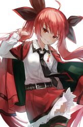 Rule 34 | 1girl, absurdres, belt, black belt, black necktie, bow, candy, collared shirt, date a live, food, formal, hair bow, highres, hiragi sage, itsuka kotori, jacket, lollipop, looking at viewer, necktie, red eyes, red hair, red jacket, red skirt, shirt, skirt, suit, twintails, upper body, white background