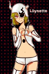 Rule 34 | 1girl, apu, arrancar, bare shoulders, bleach, character name, detached sleeves, female focus, green hair, heart, heart hands, helmet, hole, lilynette gingerbuck, looking at viewer, midriff, navel, pink eyes, short hair, short shorts, shorts, smile, solo, standing, star (symbol), thighhighs, vest