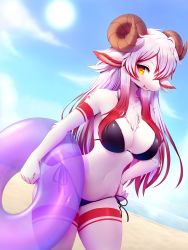 Rule 34 | 1girl, :d, abi (f-noodles), animal ears, beach, bikini, black bikini, blush, body fur, breasts, cloud, collarbone, commentary, contrapposto, cowboy shot, crunchobar, curled horns, english commentary, furry, furry female, hair between eyes, hand on own hip, highres, holding, holding swim ring, horizontal pupils, horns, innertube, large breasts, long hair, looking at viewer, navel, open mouth, original, purple innertube, red fur, red hair, sheep, sheep ears, sheep girl, sheep horns, sheep tail, sky, smile, snout, solo, standing, summer, sun, swim ring, swimsuit, tail, teeth, white fur, white hair, yellow eyes