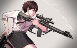Rule 34 | 1girl, absurdres, ar-15, assault rifle, belt, black necktie, black skirt, blue eyes, brown hair, closed mouth, commentary, english commentary, gradient background, grey background, gun, handgun, highres, holding, holding gun, holding weapon, holster, holstered, necktie, nyo551, original, pleated skirt, rifle, scope, shirt, short hair, simple background, skirt, sleeves rolled up, smoke, smoking barrel, solo, thigh holster, weapon, white shirt