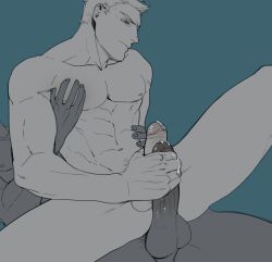 Rule 34 | 2boys, abs, bara, cum, erection, flat color, frottage, handjob, highres, interracial, kdog gatana inu, male focus, multiple boys, muscular, nude, overwatch, overwatch 1, penis, reaper (overwatch), simple background, sitting, sitting on person, soldier: 76 (overwatch), yaoi