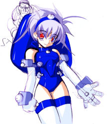 Rule 34 | 1boy, 1girl, ahoge, armor, artificial eye, bare shoulders, batou (gits), blue leotard, blush, bracer, breastplate, clenched hand, closed mouth, cowboy shot, cyborg, earrings, elbow gloves, eyebrows, facial mark, forehead mark, ghost in the shell, gloves, hair between eyes, hairband, head tilt, jewelry, legs together, leotard, light smile, looking at viewer, mecha musume, mechanical eye, open hand, parted bangs, personification, red eyes, short hair, silver hair, simple background, sketch, smile, solo focus, spiked hair, standing, stud earrings, tachikoma, thigh gap, thighhighs, white gloves, white thighhighs