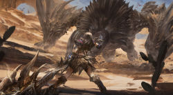Rule 34 | 1girl, armor, armored boots, attack, axe, black diablos, boots, cactus, charge blade, charging forward, claws, day, debris, desert, diablos, dust, energy, flying, fur trim, gauntlets, highres, holding, holding axe, holding weapon, horns, huge weapon, long hair, looking at another, monster hunter (series), outdoors, pauldrons, running, shorts, shoulder armor, sparks, standing, stu dts, weapon