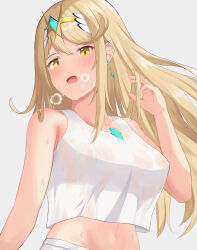 Rule 34 | 1girl, absurdres, blonde hair, blush, breasts, breath, covered erect nipples, crop top, highres, large breasts, long hair, midriff, mythra (xenoblade), open mouth, shiratamaaji, shirt, simple background, sleeveless, sleeveless shirt, solo, sweat, sweaty clothes, tiara, turning head, upper body, white background, xenoblade chronicles (series), xenoblade chronicles 2, yellow eyes