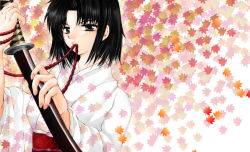 Rule 34 | 1girl, black eyes, black hair, japanese clothes, kara no kyoukai, kimono, leaf, ryougi shiki, solo, sword, weapon