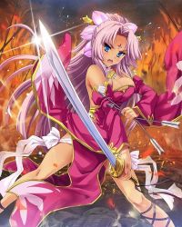 Rule 34 | 1girl, arrow (projectile), battle, blue eyes, breasts, china dress, chinese clothes, cleavage, detached sleeves, dress, facial mark, fighting stance, fire, forehead, forehead mark, hair intakes, hikage eiji, holding, koihime musou, large breasts, legs, legs apart, long hair, official art, open mouth, outdoors, pink hair, ponytail, red dress, red sleeves, shouting, solo, sonsaku, sword, thighs, very long hair, weapon