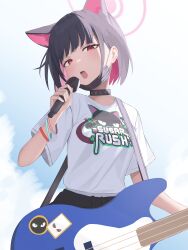 Rule 34 | 1girl, absurdres, animal ears, black hair, black jacket, black mask, blue archive, blush, cat ears, clothes around waist, colored inner hair, electric guitar, extra ears, guitar, halo, highres, holding, holding microphone, instrument, jacket, jacket around waist, kazusa (band) (blue archive), kazusa (blue archive), looking at viewer, mask pull, microphone, multicolored hair, music, official alternate costume, open mouth, pink halo, red eyes, seya 0517, shirt, short hair, short sleeves, singing, solo, white shirt