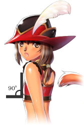 Rule 34 | 1girl, :o, adventurer (ff11), animal nose, brown eyes, brown hair, cat girl, cat tail, facial mark, fang, feathers, final fantasy, final fantasy xi, flat chest, hair between eyes, hat, hat feather, long hair, low-tied long hair, mithra (ff11), open mouth, red mage (final fantasy), simple background, solo, tail, tail raised, taisai soft, upper body, whisker markings, white background, white feathers