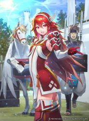 Rule 34 | 1boy, 1girl, armor, banner, boots, caeldori (fire emblem), cloud, cloudy sky, cowboy shot, day, dress, elbow gloves, fire emblem, fire emblem cipher, fire emblem fates, flat chest, gloves, grass, hair between eyes, hairband, hmk84, index finger raised, lance, long hair, looking at viewer, nintendo, notepad, official art, outdoors, pegasus, polearm, red eyes, red gloves, red hair, short dress, shoulder armor, sky, smile, solo focus, tassel, thigh boots, thighhighs, tree, watermark, weapon, winged hair ornament, zettai ryouiki