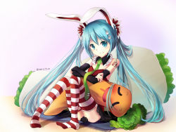 Rule 34 | 1girl, animal ears, bad id, bad pixiv id, bison cangshu, blue eyes, blue hair, carrot, detached sleeves, hair ornament, hairclip, hatsune miku, long hair, matching hair/eyes, necktie, rabbit ears, sitting, smile, solo, striped clothes, striped thighhighs, thighhighs, twintails, very long hair, vocaloid