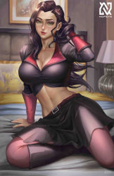Rule 34 | 1girl, asami sato, avatar legends, belt, black hair, breasts, cleavage, collarbone, commission, drawing, green eyes, highres, large breasts, long hair, looking at viewer, midriff, navel, nopeys, patreon, patreon username, shirt, signature, solo, tagme, taut clothes, taut shirt, the legend of korra