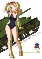 Rule 34 | 10s, 1girl, ;d, absurdres, american flag, arm ribbon, black one-piece swimsuit, blue eyes, breasts, casual, cleavage, collarbone, covered navel, unworn eyewear, full body, girls und panzer, highres, holding, holding removed eyewear, kay (girls und panzer), light brown hair, long hair, m4 sherman, medium breasts, military, military vehicle, motor vehicle, one-piece swimsuit, one eye closed, open mouth, ribbon, sideboob, smile, solo, standing, sunglasses, swimsuit, tank, white background