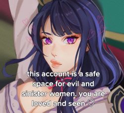 Rule 34 | 1girl, armor, blurry, blurry background, breasts, cleavage, closed mouth, commentary, english commentary, english text, genshin impact, ggelus, hair ornament, heart, highres, japanese clothes, kimono, large breasts, lips, long hair, looking at viewer, meme, mole, mole under eye, purple eyes, purple hair, raiden shogun, ribbon, shoulder armor, solo, tiktok