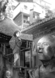 Rule 34 | 1girl, architecture, bad id, bad pixiv id, blurry, buddha, depth of field, east asian architecture, greyscale, hands on own chest, hat, house, japanese clothes, katou fumitaka, light, long hair, looking to the side, monochrome, open mouth, original, scenery, solo, staff, statue, straw hat