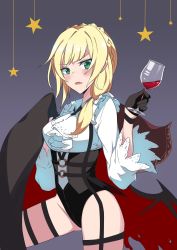 Rule 34 | 1girl, alternate costume, alternate hairstyle, bad id, bad pixiv id, black gloves, black leotard, blonde hair, blouse, blunt bangs, blush, cape, character name, closed mouth, collared shirt, corset, cowboy shot, cup, drinking glass, fangs, fangs out, fur trim, girls&#039; frontline, gloves, gluteal fold, green eyes, grey background, hair over shoulder, half gloves, halloween, halloween costume, highres, holster, layered, leg up, leotard, long hair, long sleeves, shirt, sidelocks, simple background, smile, solo, star (symbol), thigh gap, thigh holster, thighs, torn wings, tsurime, underbust, ururu, welrod mkii (girls&#039; frontline), white shirt, wide sleeves, wine glass, wings