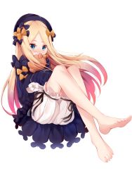 Rule 34 | 1girl, abigail williams (fate), barefoot, black bow, black dress, black hat, blonde hair, bloomers, blue eyes, blush, bow, bug, butterfly, covered mouth, dress, fate/grand order, fate (series), feet, full body, hair bow, hat, highres, hugging object, insect, long hair, long sleeves, looking at viewer, nahaki, nose blush, orange bow, parted bangs, polka dot, polka dot bow, simple background, sitting, sleeves past wrists, soles, solo, stuffed animal, stuffed toy, teddy bear, toenails, toes, underwear, very long hair, white background, white bloomers