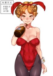 Rule 34 | 1girl, animal ears, bare shoulders, blush, bottle, breasts, cameltoe, cleavage, cleft of venus, collarbone, covered navel, cowboy shot, dragon quest, dragon quest iii, drinking, drunk, earrings, eyebrows, fake animal ears, freckles, groin, highres, holding, holding bottle, jester (dq3), jewelry, large breasts, legs, leotard, looking at viewer, matching hair/eyes, orange eyes, orange hair, pantyhose, playboy bunny, puffy nipples, rabbit ears, sakuradou, shiny skin, short hair, simple background, smile, solo, standing, strapless, thighs, white background, wrist cuffs