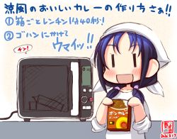 Rule 34 | 1girl, alternate costume, artist logo, bandana, blue hair, box, commentary request, curry, dated, food, kanon (kurogane knights), kantai collection, long hair, low twintails, oven, revision, ribbon, shirt, simple background, sleeves rolled up, smile, solo, standing, suzukaze (kancolle), translated, twintails, upper body, white background, white shirt, | |, || ||