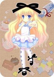 Rule 34 | 1girl, alice (alice in wonderland), alice in wonderland, ankle ribbon, argyle, argyle clothes, argyle legwear, bad id, bad pixiv id, blonde hair, blue eyes, bow, cookie, english text, food, full body, hair bow, hair ornament, hair ribbon, leg ribbon, long hair, looking at viewer, mana (10221125), mary janes, original, pantyhose, reaching, ribbon, saucer, shoes, solo, standing, very long hair, wavy hair, white pantyhose