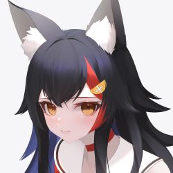 Rule 34 | 1girl, absurdres, animal ear fluff, animal ears, black hair, blush, brown eyes, choker, commentary request, eyelashes, flipped hair, hair between eyes, hair ornament, hairclip, highres, hololive, long hair, looking at viewer, multicolored hair, ookami mio, ookami mio (1st costume), parted lips, portrait, red choker, red hair, sailor collar, sailor shirt, shirt, sidelocks, solo, spiked hair, streaked hair, thomas 8000, virtual youtuber, wolf ears, wolf girl, yellow eyes