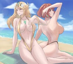 Rule 34 | 2girls, absurdres, blonde hair, breasts, calmgreentori, highres, large breasts, long hair, multiple girls, mythra (xenoblade), pyra (xenoblade), red hair, short hair, slingshot swimsuit, swimsuit, topless, xenoblade chronicles (series), xenoblade chronicles 2