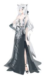 Rule 34 | 1girl, absurdres, alternate costume, animal ears, arknights, bare shoulders, black dress, blue eyes, bow (music), breasts, dress, full body, hair ornament, hairclip, hand on own hip, highres, holding, holding bow (music), lappland (arknights), long dress, long hair, meng ziya, simple background, sleeveless, sleeveless dress, small breasts, solo, standing, tail, white background, white hair, wolf ears, wolf girl, wolf tail