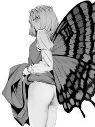 Rule 34 | 1boy, ass, blush, butterfly wings, clothes lift, commentary request, cowboy shot, crown, diamond (shape), diamond crown, diamond hairband, dress, dress lift, facing to the side, fate/grand order, fate (series), frilled shirt collar, frilled sleeves, frills, furrowed brow, greyscale, highres, insect wings, lifted by self, long sleeves, looking to the side, male focus, monochrome, oberon (fate), pantyhose, puffy long sleeves, puffy sleeves, sausu hitori, solo, sweatdrop, trap, white background, wings, yaoi